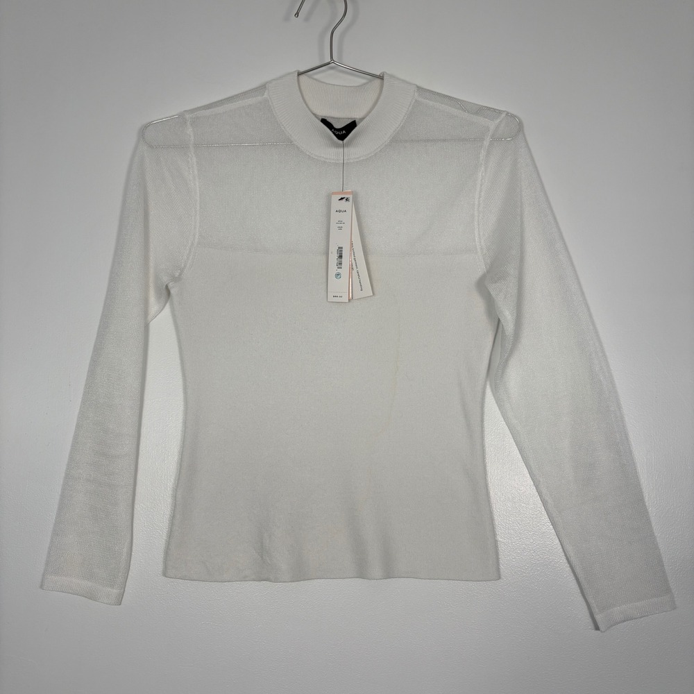 AQUA Women Top Size M Ivory‎ Mixed Knit Sheer Mesh Panel Mock Neck NWT 224-MS150